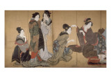 Paravent à huit volets : Neuf femmes jouant au jeu du renard Giclée-tryk af Katsushika Hokusai
