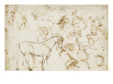 Croquis de chevaux, et de têtes de femmes reproduction procédé giclée par Eugene Delacroix