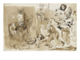 Etudes de figures, de têtes caricaturales, de chat, d'un aigle reproduction procédé giclée par Eugene Delacroix