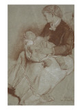 Femme assise tenant un enfant sur les genoux Lámina giclée por Emile Levy