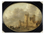 Patineurs devant un château médiéval reproduction procédé giclée par Jan Van Goyen