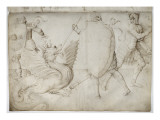 Croquis illisible ; Guerrier combattant un dragon reproduction procédé giclée par Jacopo Bellini