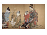 Paravent à huit volets : Neuf femmes jouant au jeu du renard Giclée-tryk af Katsushika Hokusai