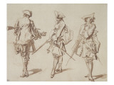 Trois études de soldats portant des fusils, celui de gauche vu de dos reproduction procédé giclée par Jean Antoine Watteau