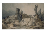 Two Young Women in Designing a Site of Ancient Ruins reproduction procédé giclée par Hubert Robert