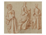 Trois études de jeunes filles debout reproduction procédé giclée par Jean Antoine Watteau