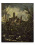Le mûletier dit aussi paysage au château Giclée-tryk af Alessandro Magnasco Le mûletier dit aussi paysage au château Giclée-tryk af Alessandro Magnasco