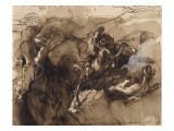 Deux chevaux attaqués par un lion au bord du précipice reproduction procédé giclée par Eugene Delacroix
