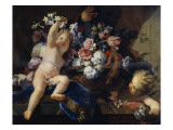 Deux enfants jouant avec des fleurs reproduction procédé giclée par Jean Jouvenet