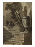 Vue d'un parc, escalier de pierre , vase reproduction procédé giclée par Pierre Lelu