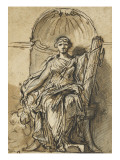Etude de figure allégorique, femme assise de face dans une niche, tenant de la main gauche un Lámina giclée por Augustin Pajou