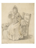 Album factice : Portrait de jeune femme assise, auprès d'elle un chat sur une chaise reproduction procédé giclée par Augustin De Saint-aubin