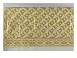 Tenture et bordure (pour lits et sièges) : damas économique citron et blanc, à feuilles de reproduction procédé giclée