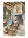 Femme épluchant des champignons dans la salle commune aux Basses-Brosses à Vouzon (Loir-et-Cher Lámina giclée