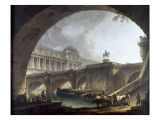 Caprice architectural : un palais inspiré du Louvre et le Pont-Neuf s'encadrant dans l'arche d'un reproduction procédé giclée par Pierre-Antoine Demachy