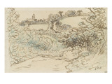 Village avec une ise devant un terrain de brousailles et d'arbres reproduction procédé giclée par Jean-François Millet