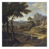 Paysage avec "une femme assise habillée en rouge et bleu, et une autre debout, tenant un petit reproduction procédé giclée par Etienne Allegrain