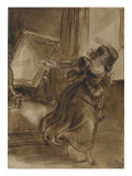 Dessin 1 : Jeune femme en costume Renaissance fuyant, épouvantée, la vue d'un miroir. Dessin 2 : Reproduction procédé giclée par Théophile-Evariste-Hippolyte Fragonard