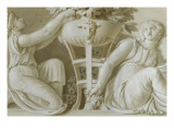Petite chambre : deux femmes avec des fleurs Dessus de porte de la petite chambre à coucher de reproduction procédé giclée par Piat Joseph Sauvage