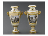 Deux vases à deux anses : paysages polychromes avec personnages ou animaux. reproduction procédé giclée