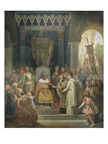 Charlemagne, entouré des ses principaux officiers, reçoit Alcuin qui lui présente des manuscrits, Lámina giclée por Jean Victor Schnetz