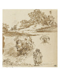 Etudes : cavaliers près d'arbres ; tête de profil ; deux figures debout reproduction procédé giclée par Pierre Henri de Valenciennes