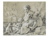 Young Peasant Woman Sitting with a Child and a Dog Giclee Print