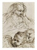 Demi-figure de vieillard et deux têtes d'anges ; Demi-figure d'homme nu, assis, tourné vers droite Reproduction procédé giclée par Guerchin Le