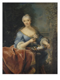 Portrait de dame tenant une corbeille de Fleurs sur fond de parc avec une balustrade et une statue Giclee Print by Jean Raoux