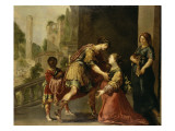 Jeune femme, dont la maternité semble prochaine, implorant la justice d'un guerrier Giclée-Druck von Claude Vignon