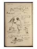 En haut, groupe de maisons mauresques, croquis divers d'rabes dont l'un prés d'un cheval, d'autres reproduction procédé giclée par Eugene Delacroix