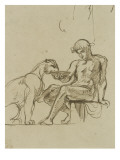Ephèbe assis donnant à boire dans une coupe à une lionne ou Bacchus,étude pour les fresques de Giclee Print by Eugene Delacroix