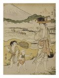 Paysanne portant sur la tête un plateau avec le repas des paysannes qui repiquent le riz et à la Reproduction procédé giclée par Torii Kiyonaga