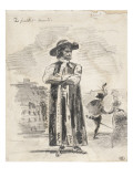 Personnage debout coiffé d'un grand chapeau; au fond deux personnages et des maisons; Projet non reproduction procédé giclée par Eugene Delacroix