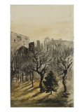 Jardin au crépuscule avec bâtiments dans le fond ; vue de l'atelier de Delacroix du 17, rue des reproduction procédé giclée par Eugene Delacroix