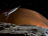 A Spaceship in Orbit over Mars Moon, Phobos, with the Red Planet Mars in the Background Photographie