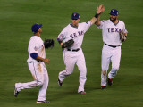 San Francisco Giants v Texas Rangers, Game 3: Nelson Cruz,Josh Hamilton,Jeff Francoeur Photographic Print by Stephen Dunn