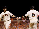 Texas Rangers v San Francisco Giants, Game 2: Buster Posey, Juan Uribe Photographic Print by Doug Pensinger