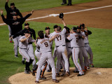 Texas Rangers v. San Francisco Giants, Game 5:  San Francisco Giants celebrate their 3-1 victory Photographic Print by Elsa .