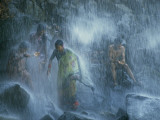 Pilgrims Bathe in the Narmada's 160-Foot-Tall Kadil Dhara Waterfall Photographic Print by James P. Blair