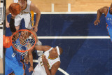 Oklahoma City Thunder v Indiana Pacers: Russell Westbrook, Mike Dunleavy and James Posey Fotografisk tryk af Ron Hoskins