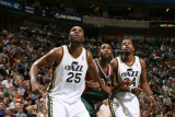 Milwaukee Bucks v Utah Jazz: Al Jefferson, C.J. Miles and Luc Mbah a Moute Photographic Print by Melissa Majchrzak