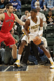 Toronto Raptors v Indiana Pacers: Roy Hibbert and Andrea Bargnani Photographic Print by Ron Hoskins
