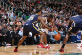 Indiana Pacers v Utah Jazz: Ronnie Price, Brandon Rush and Roy Hibbert Photographic Print by Melissa Majchrzak