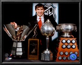Alexander Ovechkin with 2008 Hart Trophy, Pearson Award, Ross Trophy & the Rocket Trophy Posters
