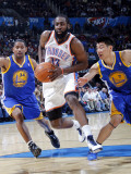 Golden State Warriors v Oklahoma City Thunder: James Harden, Charlie Bell and Jeremy Lin Photographic Print by Layne Murdoch