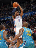 New Orleans Hornets v Oklahoma City Thunder: Russell Westbrook, David West and Chris Paul Photographic Print by Layne Murdoch