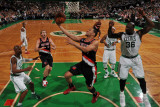 Portland Trail Blazers v Boston Celtics: Brandon Roy and Shaquille O'Neal Photographic Print by Brian Babineau