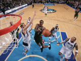 Milwaukee Bucks v Dallas Mavericks: Brandon Jennings and Dirk Nowitzki Photographic Print by Glenn James