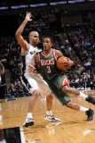 Milwaukee Bucks v San Antonio Spurs: Brandon Jennings and Tony Parker Photographic Print by D. Clarke Evans